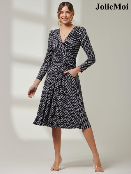 Jolie Moi Black Front Wrap V-Neck Midi Dress (385683) | € 47