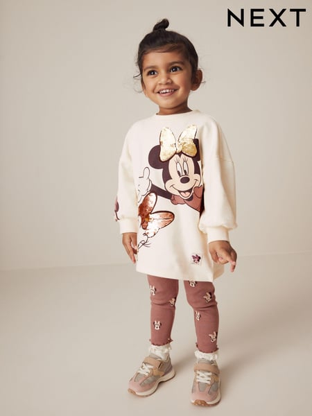Ecru White Disney Minnie Mouse And Daisy Sequin Long Sleeve 100% Cotton T-Shirt And Leggings Set (3mths-7yrs) (389806) | € 27 - € 33