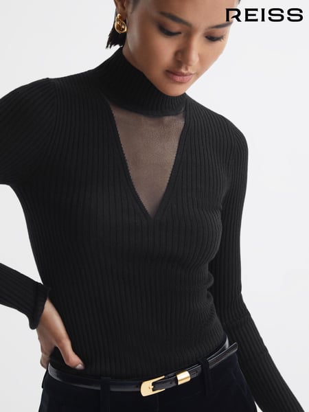 Reiss Black Rita Fitted Wool Blend Mesh Top (397038) | € 215