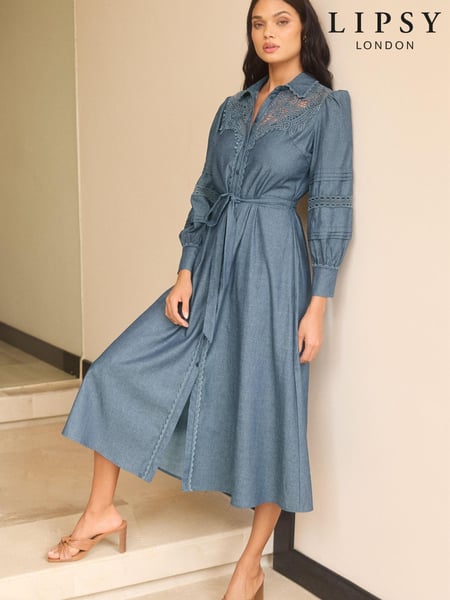 Lipsy Navy Blue Lace Detail Long Sleeve Midi Shirt Dress With Tie Belt (407299) | € 19