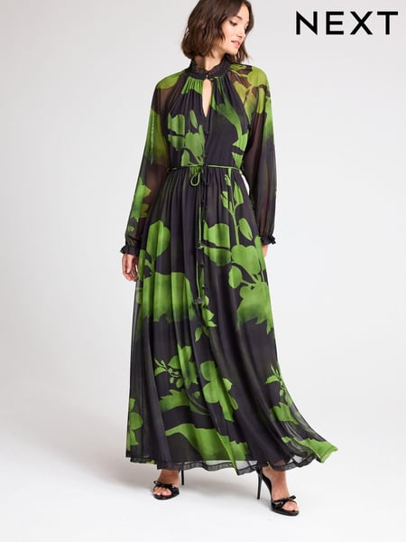 Black/Green Floral Long Sleeve Button Detail Mesh Maxi Dress (407564) | € 23