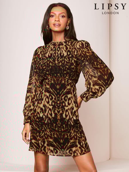 Lipsy Brown Animal Placement Printed Long Sleeve Shift Mini Dress (407620) | € 23