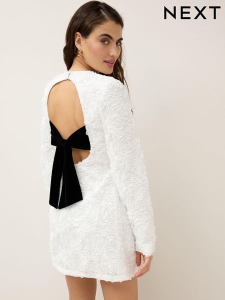 White 3D Floral Textured Long Sleeve Bow Back Dress (410414) | € 28