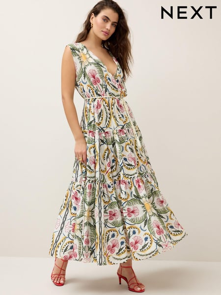 Ecru/Multi Paisley Print Sleeveless V-Neck Belted Maxi Dress (410431) | € 38