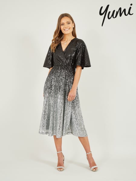 Yumi Black Ombre Sequin Midi Wrap Dress (411860) | € 117