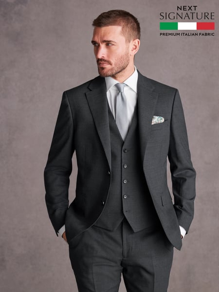 Charcoal Grey Slim Fit Signature Tollegno Italian Wool Textured Suit Jacket (414322) | € 194