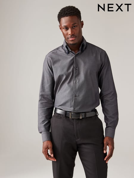 Grey Double Collar Regular Fit Trimmed Formal 100% Cotton Oxford Shirt (415720) | € 11