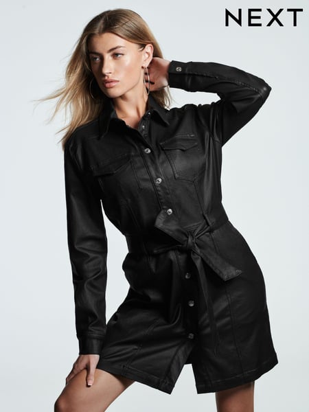 Black Coated Denim Mini Belted Shirt Dress (416824) | € 17