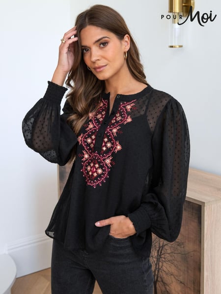 Pour Moi Black Embroidered Natasha Dobby Chiffon Long Sleeve Top (418002) | € 76