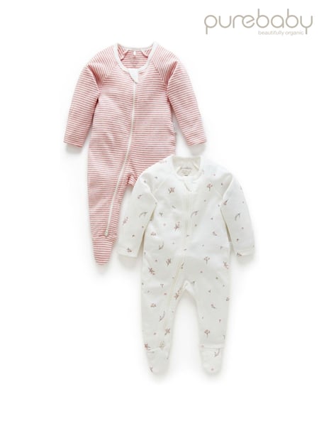 Purebaby Pink 100% Cotton Zip Baby Sleepsuits 2 Pack (427956) | € 44