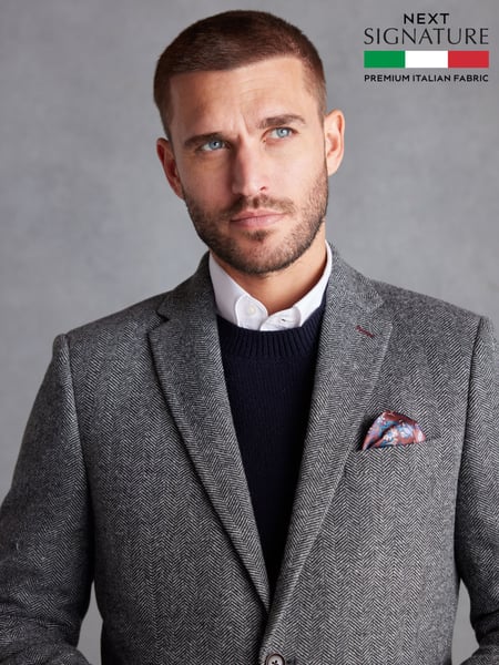 Grey Regular Fit Nova Fides Signature Herringbone Wool Blazer (439063) | € 201