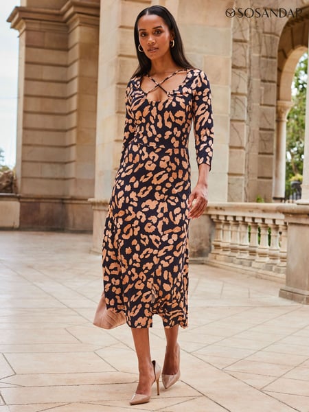 Sosandar Black/Brown Leopard Print Cross Strap Midi Dress (439623) | € 58