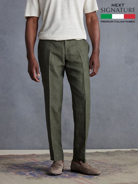 Olive Green Slim Fit Signature Leomaster 100% Linen Suit: Trousers (440299) | € 67