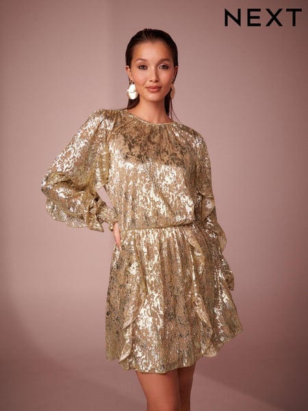 Gold Mini Jaquard Ruffle Dress (440377) | € 20