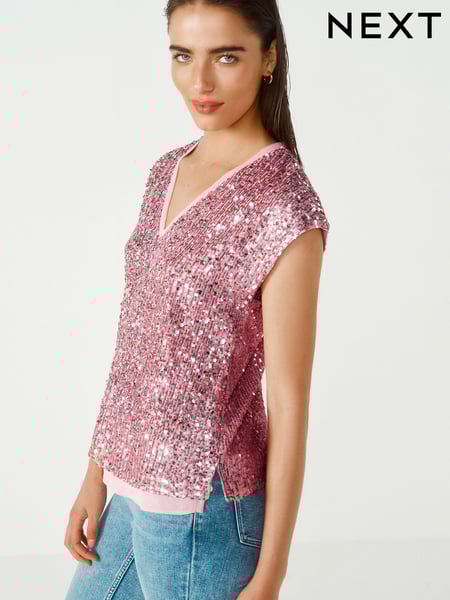 Pink Sequin V-Neck Top (441127) | € 8