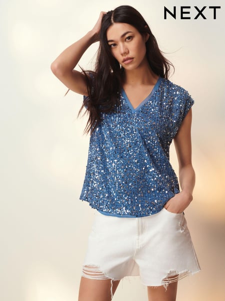 Blue Sequin V-Neck Top (441166) | € 11