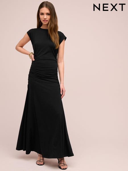 Black Ruched Cap Sleeve A-Line Maxi Dress (443461) | € 24