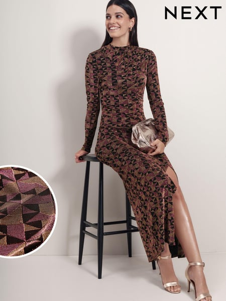 Pink Geo Sparkle Long Sleeved Ruched Midi Dress (449046) | € 10