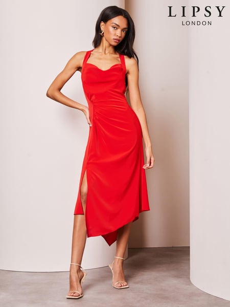 Lipsy Red Cowl Neck Drape Front Ruched Midi Dress (455586) | € 45