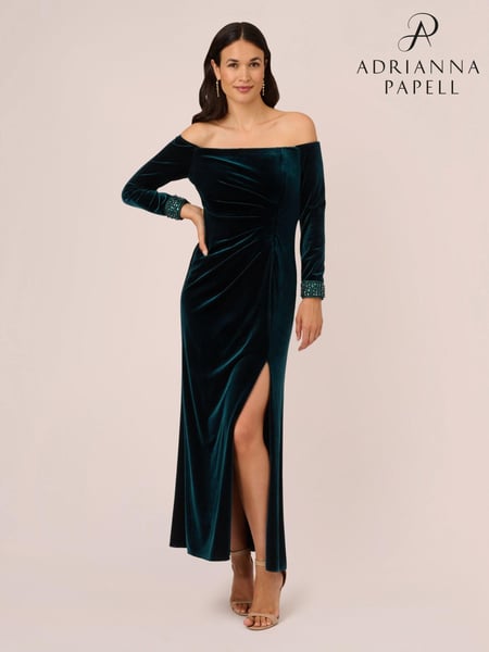 Adrianna Papell Green Velvet Off The Shoulder Gown (461595) | € 404