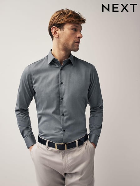 Charcoal Grey Slim Fit Textured Long Sleeve Single Cuff 100% Cotton Shirt' (469300) | € 10