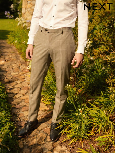 Taupe Brown Slim Fit Trimmed Check Suit Trousers (472976) | € 15