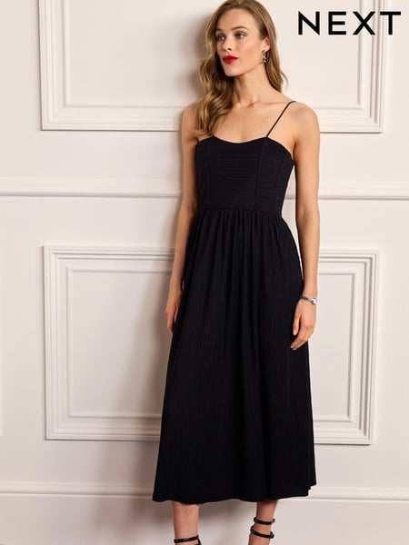Black Plissé Strappy Corset Midi Dress (5008M5) | € 39