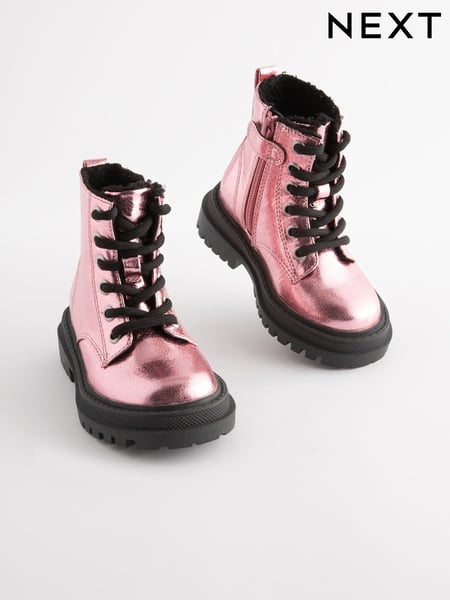 Pink Metallic Wide Fit (G) Chunky Lace-Up Ankle Boots (500915) | € 25 - € 30