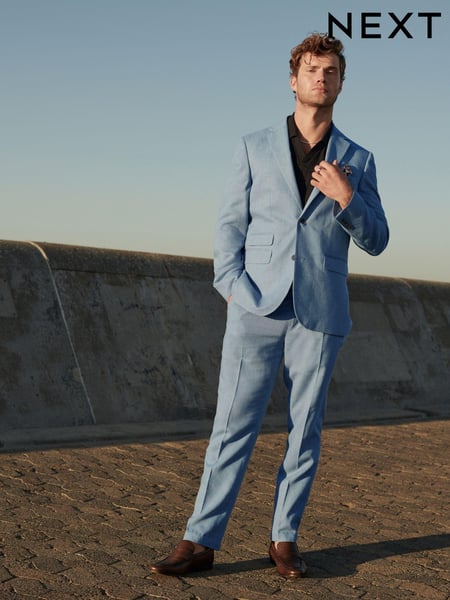 Light Blue Linen Blend Tailored Fit Suit Trousers (509459) | € 37