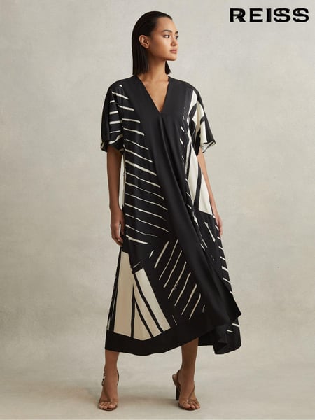 Reiss Black/White Cami Printed Fit and Flare Midi Dress (515612) | € 371