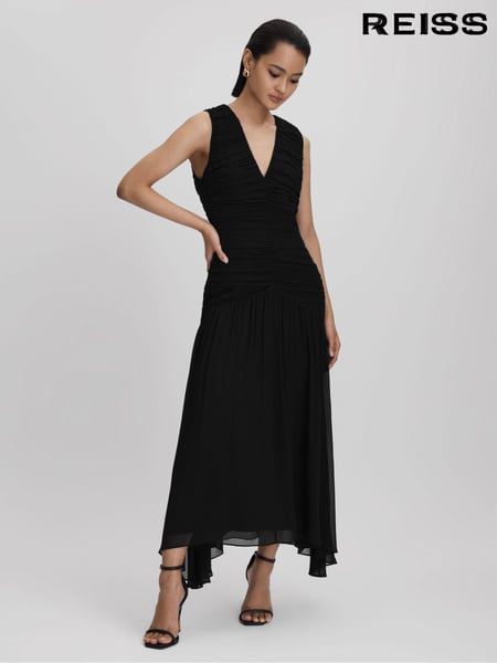 Reiss Black Saffy Ruched Bodycon Midi Dress (515948) | € 418