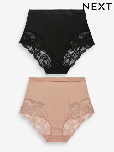 Black / Praline Nude Print Tummy Control Shaping Lace Back Brazilian Knickers 2 Pack (524727) | € 32