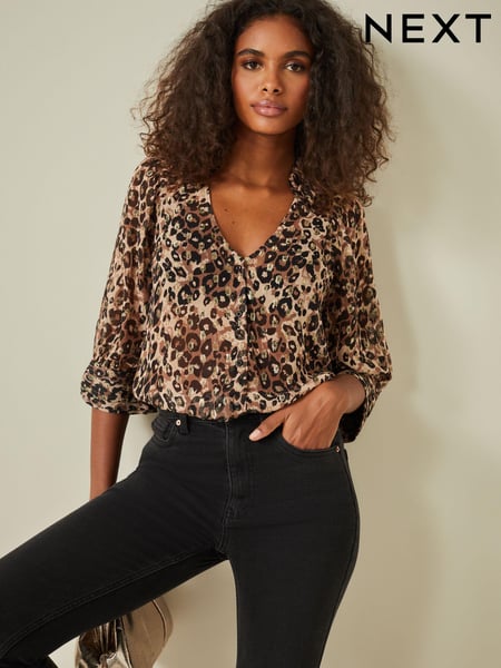 Brown Animal V-Neck Metallic Spot 3/4 Sleeve Blouse (527013) | € 38