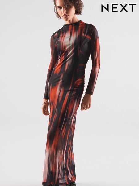 Red and Black Smudge Print Long Sleeve Mesh Midi Dress (536504) | € 12