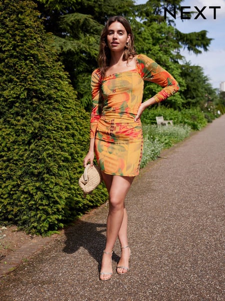 Yellow Tropical Print Kew Collection Ruched Mesh Square Neck Mini Dress (537238) | € 16