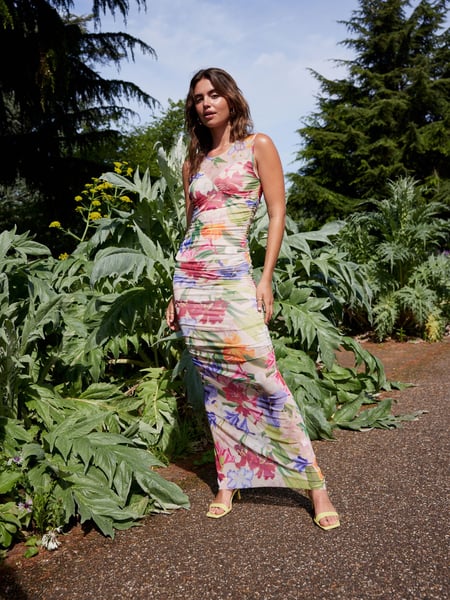 Multi Pink Floral Kew Collection Ruched Mesh Floral Maxi Dress (537510) | € 19