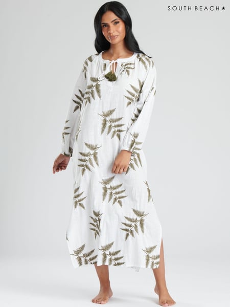 South Beach White Longsleeve Tie Neck Beach Dress with Leaf Embroidery (537632) | € 17