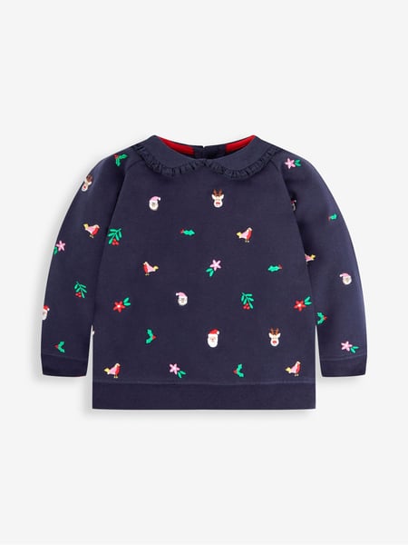 JoJo Maman Bébé Navy Girls' Christmas Embroidered Sweatshirt With Collar (542695) | € 38
