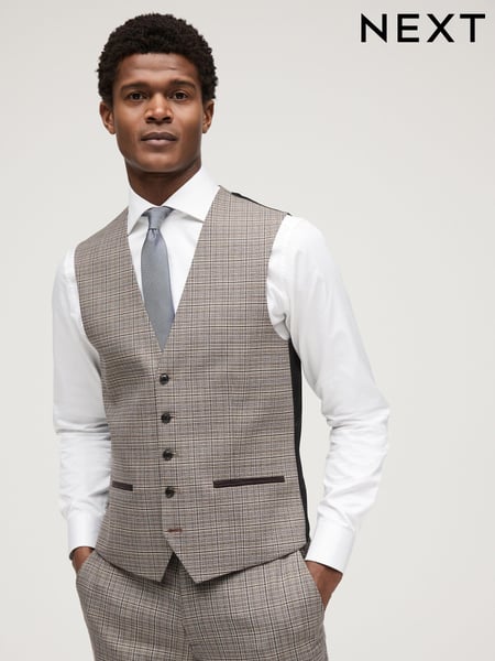 Taupe Trimmed Check Suit: Waistcoat (548025) | € 15
