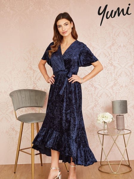 Yumi Blue Velvet Wrap Over Angel Sleeve Midi Dress (550076) | € 17