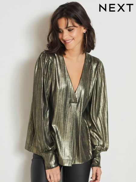 Gold Metallic Lamé V-Neck Cuff Blouse (551288) | € 12