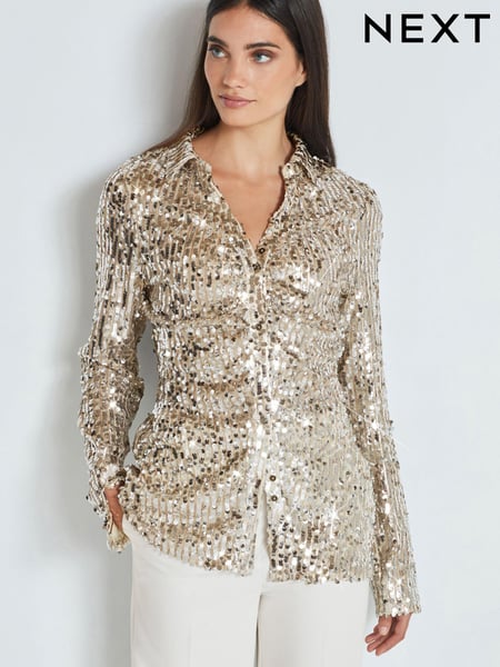 Champagne Gold Long Sleeve Sequin Ruched Shirt (561876) | € 16