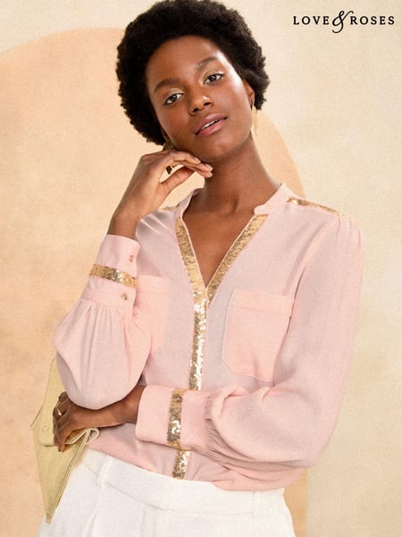 Love & Roses Pink and Gold Sequin Trim V Neck Blouse (565019) | € 41