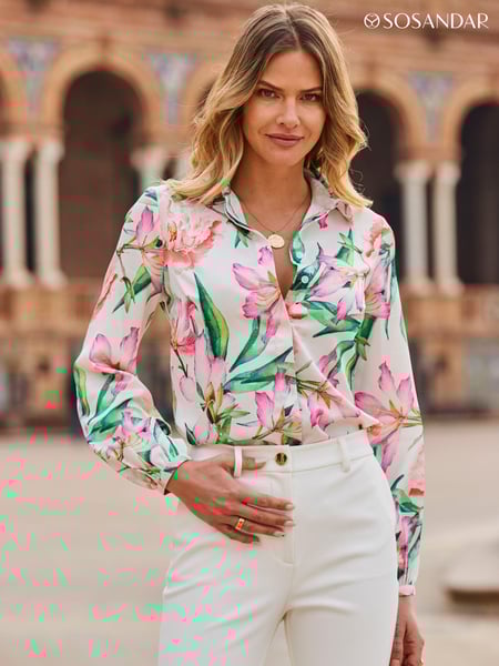 Sosandar Cream Floral Printed Blouson Sleeve Shirt (574267) | € 38