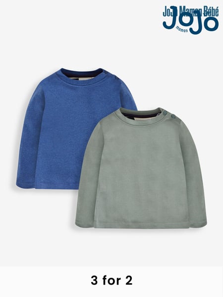 JoJo Maman Bébé Denim Blue & Khaki Green 2-Pack Plain Long Sleeved Tops (576124) | € 32