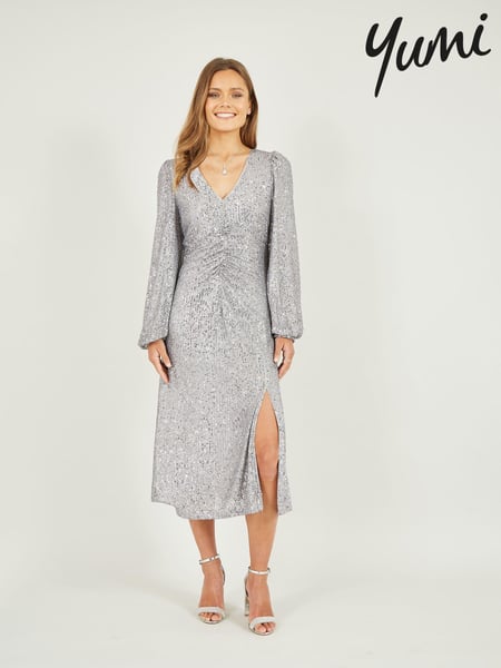 Yumi Silver Sequin Ruched Front Long Sleeve Midi Dress (587836) | € 49