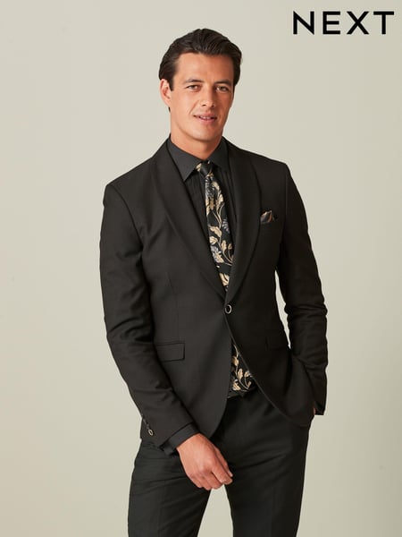 Black/Gold Skinny Fit Textured Tuxedo Suit Jacket (588144) | € 12