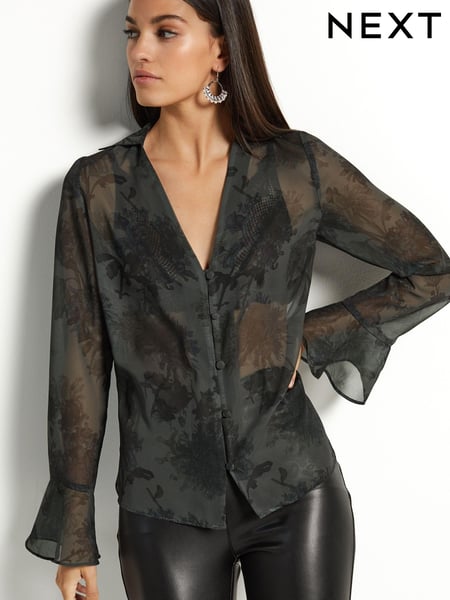 Dark Green Woodland Print V-Neck Long Sleeve Blouse (603979) | € 7