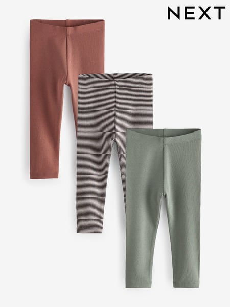 Rust Brown/Sage Green Stripe All Over Print Ribbed Leggings 3 Pack (3mths-7yrs) (609363) | € 14 - € 18