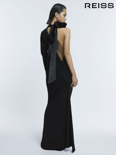 Reiss Black Helena Fitted One-Shoulder Velvet Bow Maxi Dress (609720) | € 850